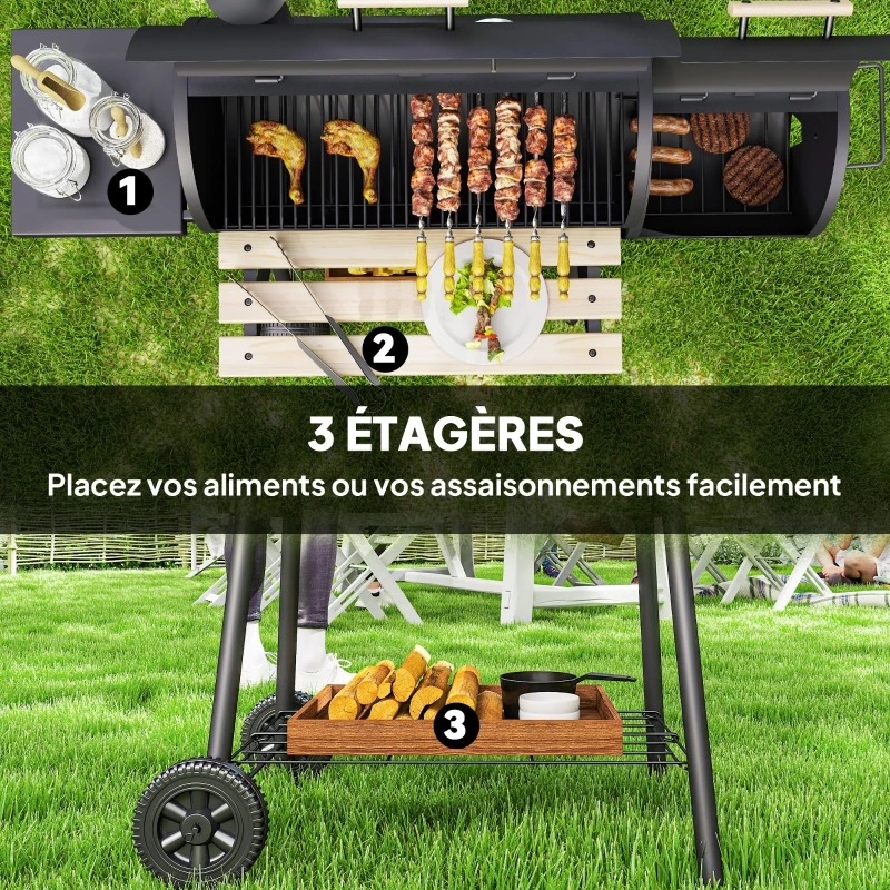 Outsunny Barbecue à Charbon fumoir BBQ Grill Smoker sur Pied avec Couvercle, roulettes, thermomètre, étagères Acier laminé à Froid Noir