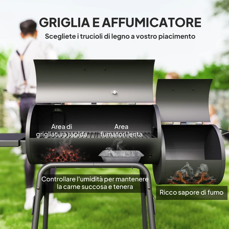 Outsunny Barbecue a Carbone con Coperchio e Affumicatore, BBQ da Giardino con Ripiani e Ruote 124x53x104 cm, Nero