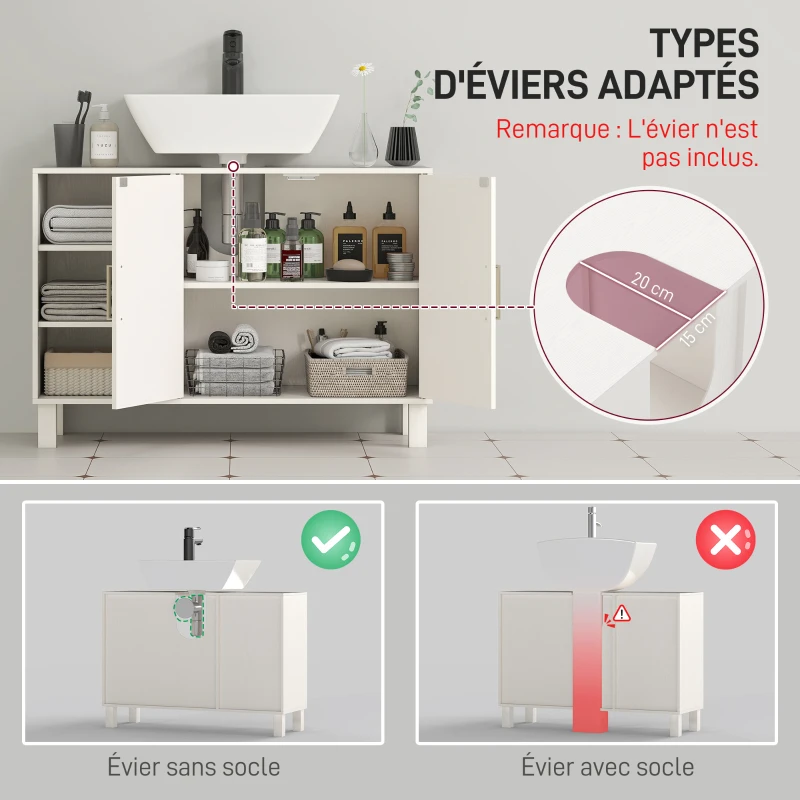 HOMCOM Meuble sous lavabo meuble de salle de bain avec placard à deux niveaux étagères réglables 90l x 30P x 63H cm crème