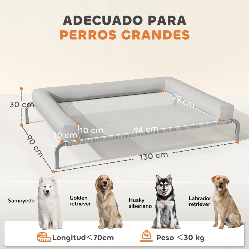 PawHut Cama Elevada para Perros Refrescante con Refuerzos Extraíbles Malla Transpirable y Marco de Acero 130x90x30 cm Gris
