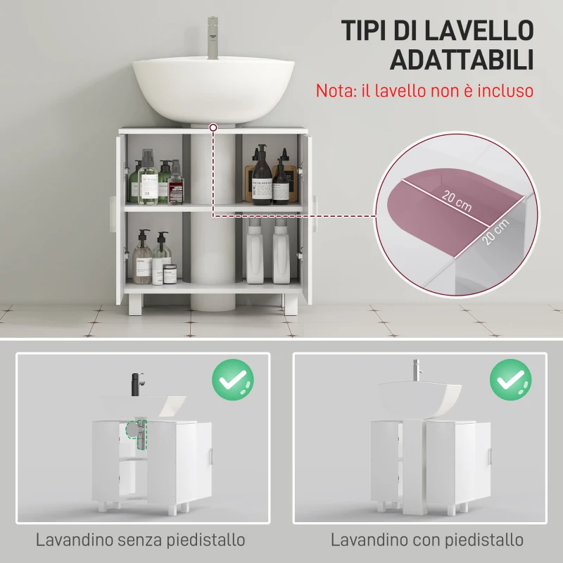 HOMCOM Mobile Sotto Lavabo Bagno a 2 Ante con Ripiano Centrale, in MDF, 60x35x60 cm, Bianco