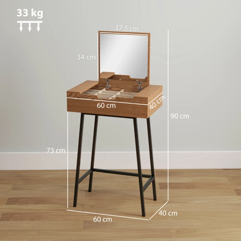 HOMCOM Tavolo Trucco con Specchio Ribaltabile e 16 Scomparti Stile Industriale, Legno e Acciaio, 60x40x90 cm