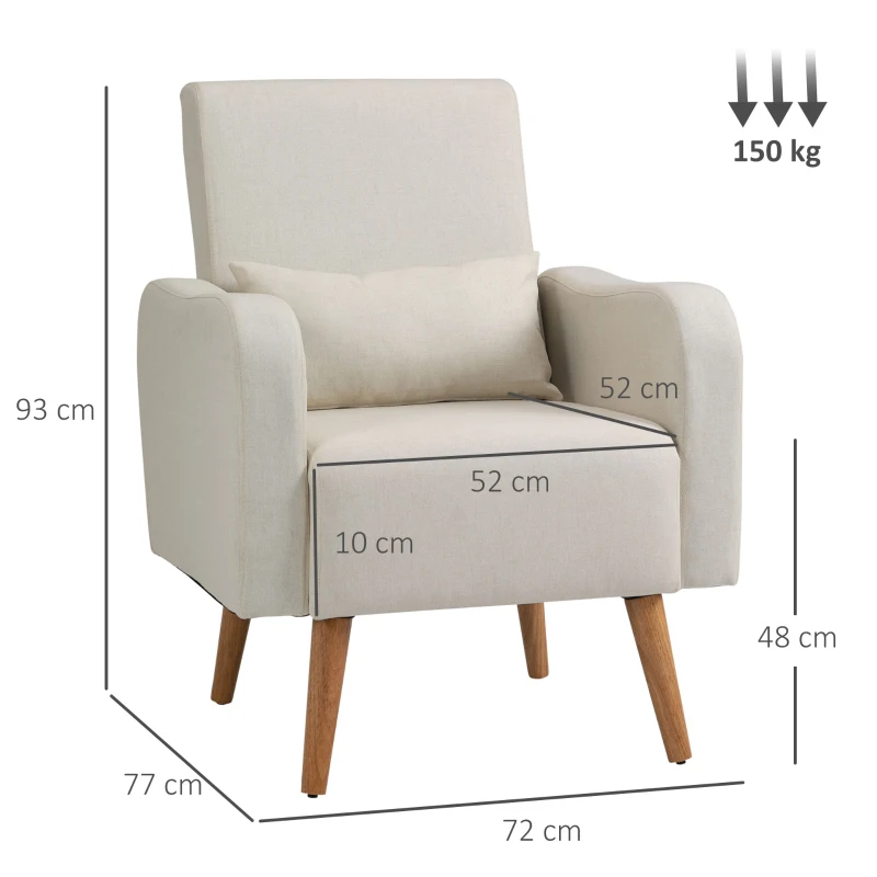 HOMCOM Accent Chair, Linen-Touch Armchair with Pillow, Upholstered Leisure Lounge Sofa for Living Room, Club Chair with Rubber Wooden Frame, Cream