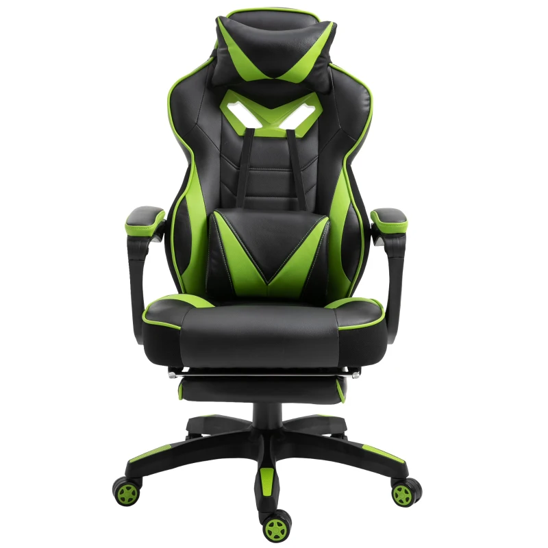 Vinsetto Chaise gaming Ergonomique, Fauteuil de Bureau confortable avec Repose-Pied, Appuie-Tête et coussin lombaire, Hauteur Réglable, noir et vert