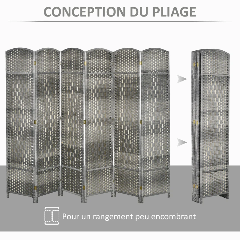 HOMCOM Paravent intérieur en bois 6 panneaux séparateur de pièce pliable pour salon chambre 270 x 180 cm gris mélangé