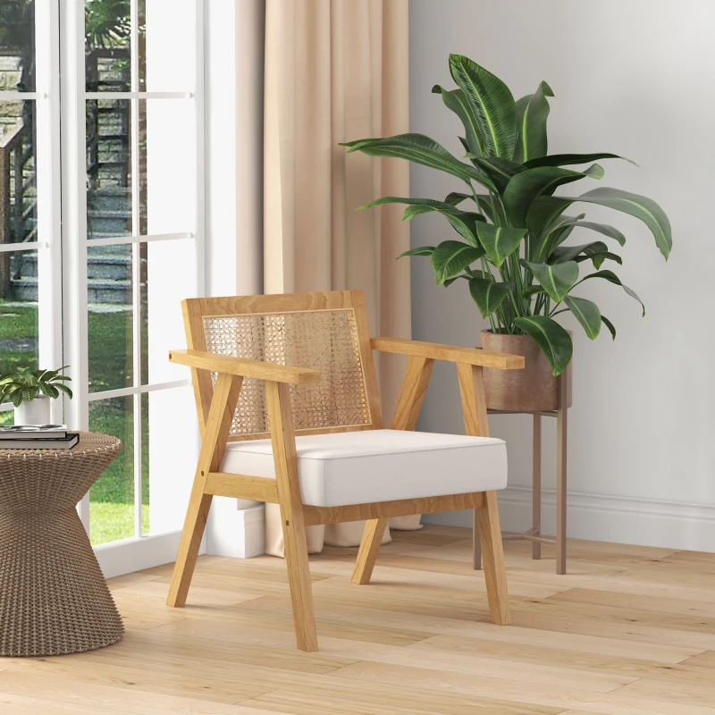 HOMCOM Fauteuil de salon confortable Chaise en Rotin avec Coussin épais- Dossier en cannage - Assise Profonde - Structure en Bois hévéa Aspect Lin Beige(m-6)