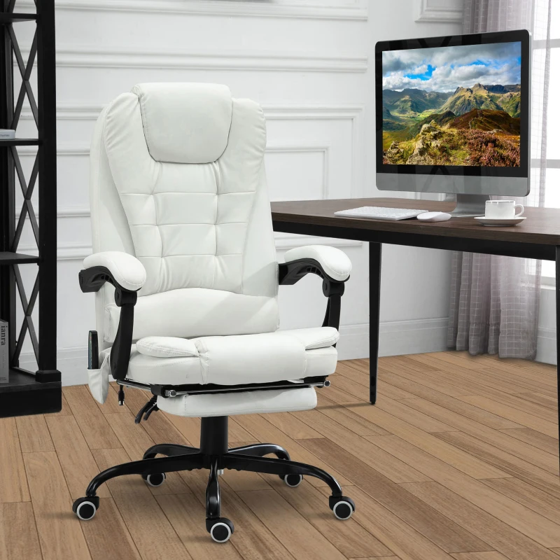 Vinsetto Fauteuil de bureau massant, chaise de bureau, chaise ergonomique avec hauteur réglable, dossier inclinable et télécommande filaire, repose-pieds rétractable et pivotant à 360°, blanc(m-9)