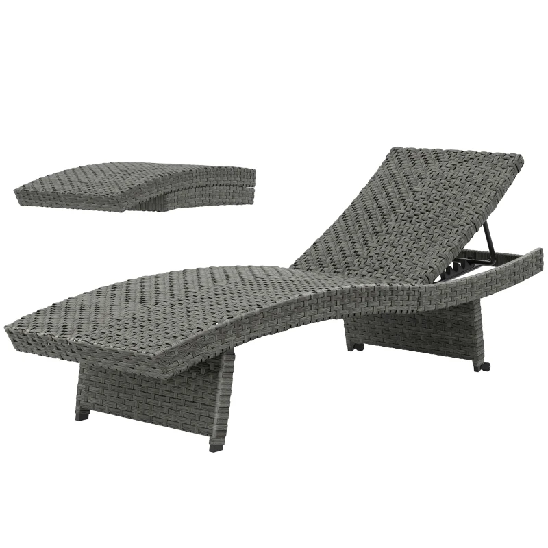Outsunny Outdoor PE Rattan Sun Lounger, Folding Wicker Garden Lounger Recliner with 4-Level Adjustable Backrest, Rolling Sunbed Lounge Chair with Wheels, Non-Slip Legs for Balcony, Beach, Mixed-grey