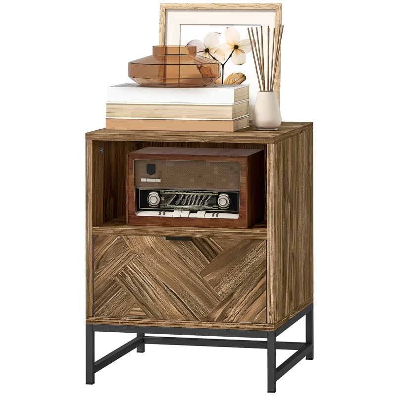 HOMCOM Bedside Table with Drawer and Shelf, Side End Table with Steel Legs for Living Room, Bedroom, Brown Wood Effect