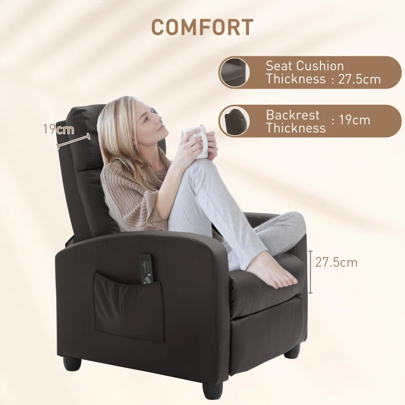 HOMCOM Recliner Armchair, Massage Faux Leather Push Back Reclining Chair with Adjustable Leg Rest, Side Pocket, for Home Living Room Theatre, Brown(m-6)