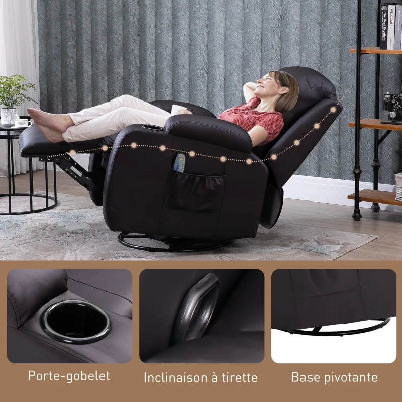 HOMCOM Fauteuil de Massage et Relaxation électrique Chauffant 360° pivotant inclinable manuellement Repose-Pied télécommande(m-8)