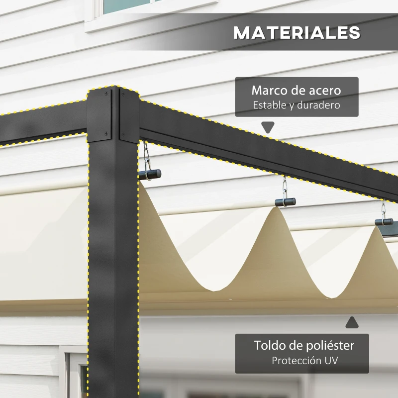 Outsunny Pérgola de Jardín 3x2m Cenador de Techo Retráctil de Poliéster Recubrimiento Resistente para Celebraciones Fiestas Crema