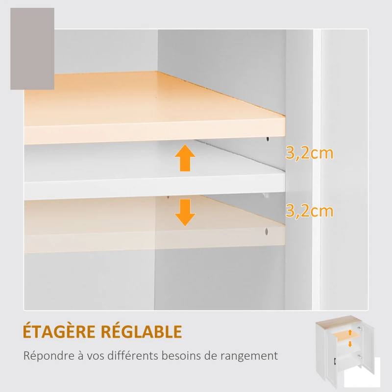 HOMCOM Buffet meuble cuisine rangement avec placard à portes et étagères réglables, 60 x 30 x 90 cm, blanc