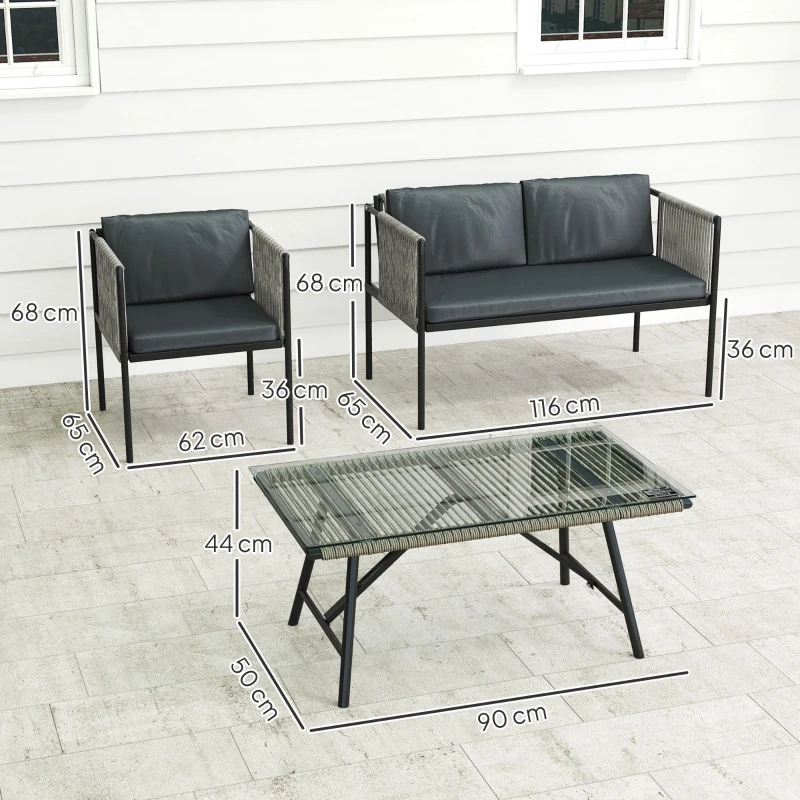 Outsunny 4-teiliges Gartenmöbel-Set, 1 Sofa, 2 Sessel, 1 Tisch mit Glasplatte, Kissen, Stahlrahmen, Kunststoff-Rattan, Grau