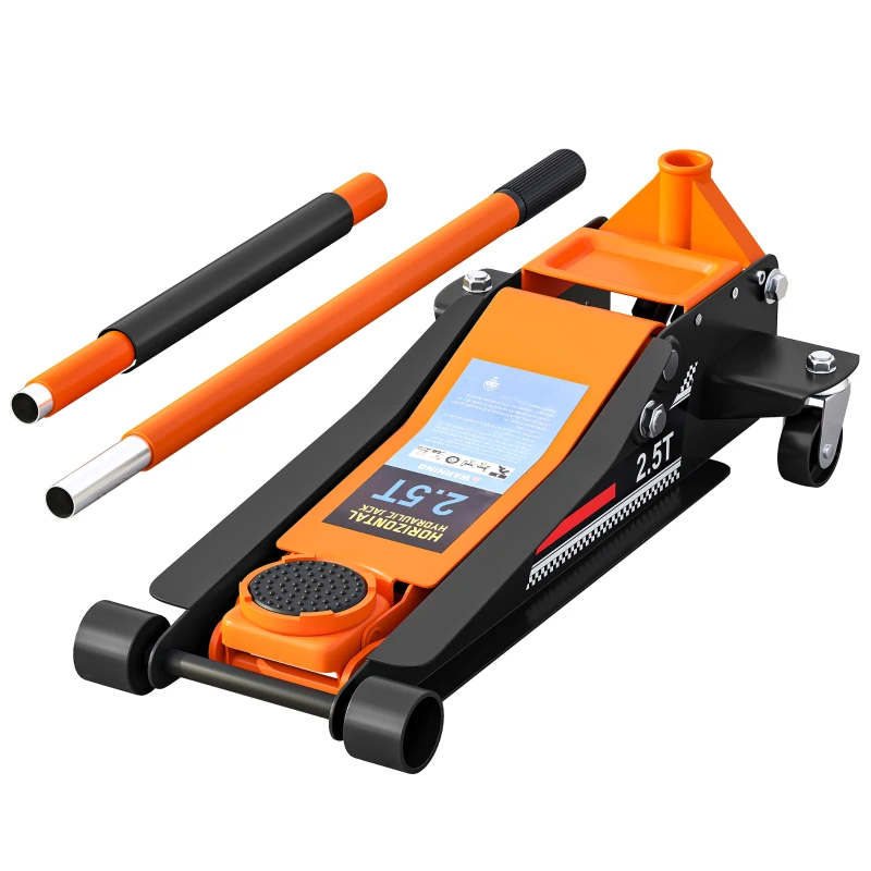 HOMCOM 2.5 Ton Hydraulic Low-Profile Floor Jack, with 7.5-47cm Lifting Range, Wheels, Orange