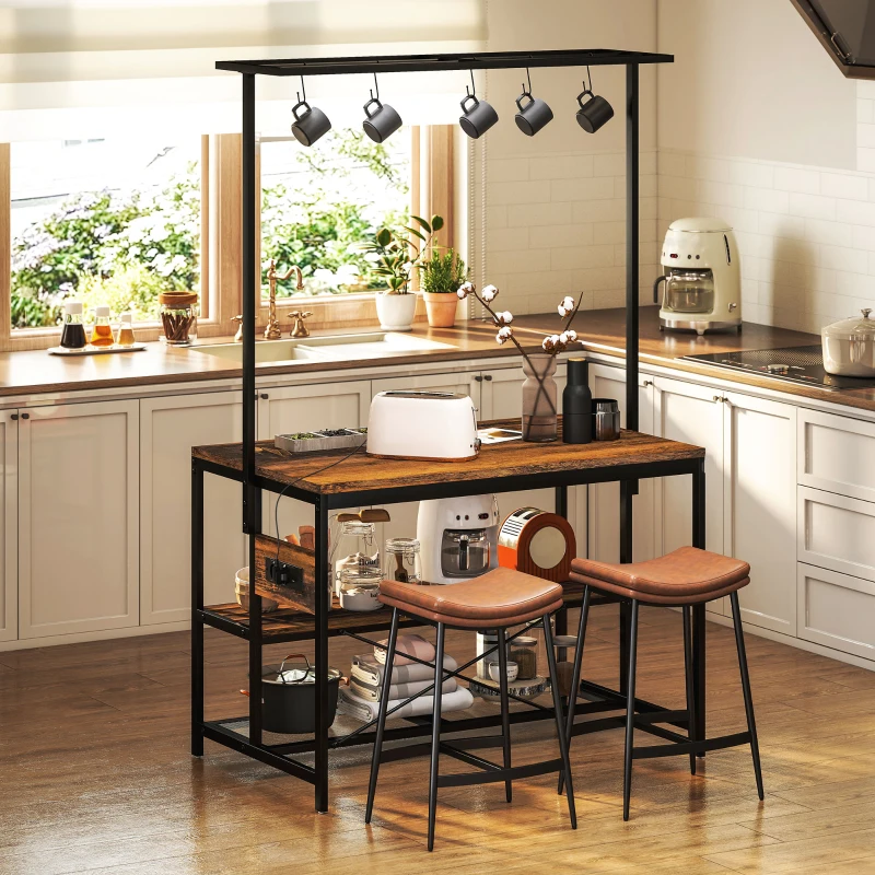 HOMCOM Estante de Cozinha com Tomada de Corrente Estilo Industrial com Prateleiras Ganchos Móvel Auxiliar 116x70x182 cm Marrom Rústico