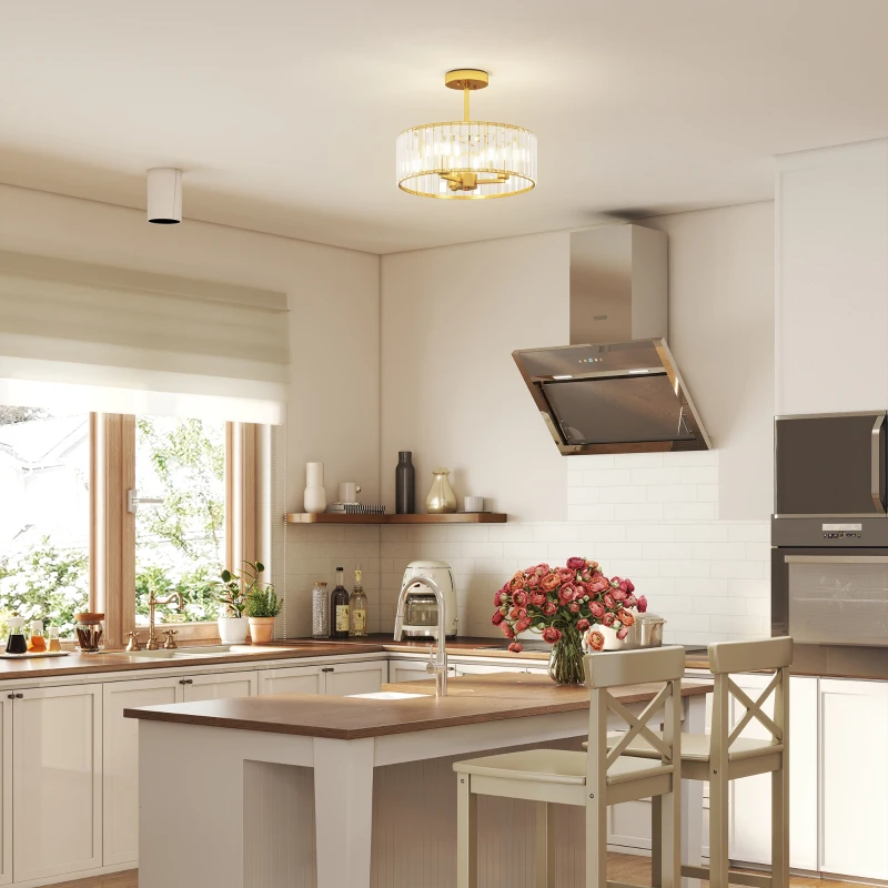 HOMCOM Plafondlamp, Kronleuchter-Design, Kristallen kap, 3 lampen, Metaal, Goudkleurig(m-8)