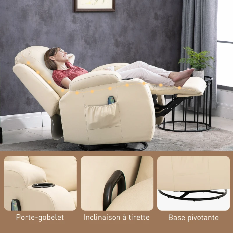 HOMCOM Fauteuil de Massage et Relaxation électrique Chauffant 360° pivotant inclinable manuellement Repose-Pied télécommande(m-8)