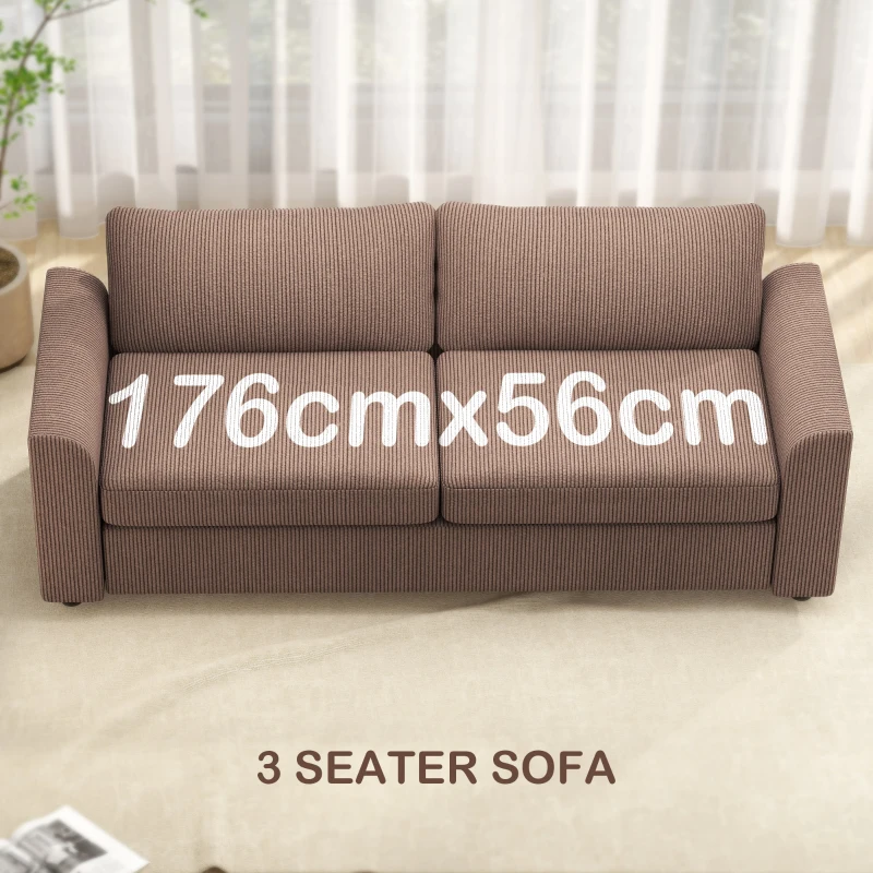 HOMCOM Modern 3 Seater Sofa with Spring Cushion, 212 cm Fabric Jumbo Cord Sofa Couch with 2 Scatter Cushions, Upholstered Corduroy Settee for Living Room, Bedroom, Home Office, Coffee