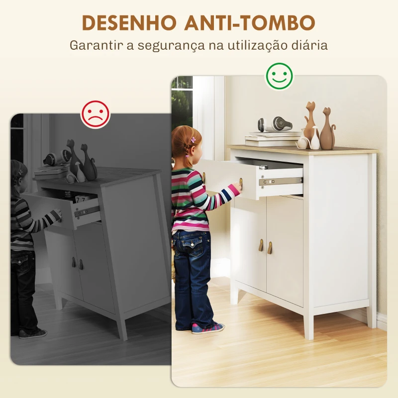 HOMCOM Aparador Sala de Estar Moderno com Gaveta Prateleira Ajustável e Puxadores em PU 80x40x90 cm Branco e Madeira