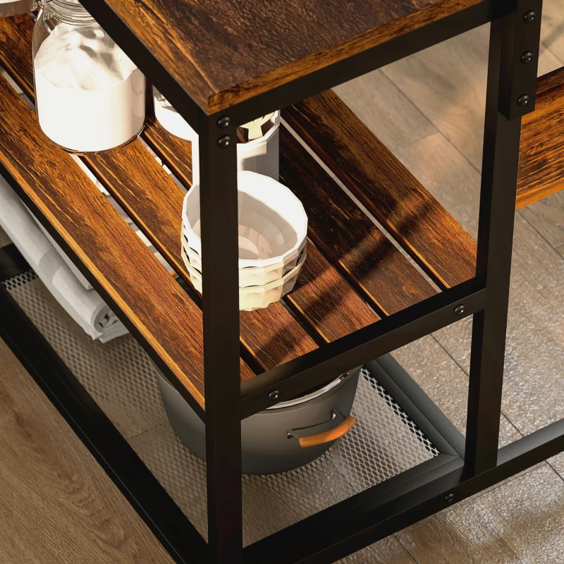 HOMCOM Estante de Cozinha com Tomada de Corrente Estilo Industrial com Prateleiras Ganchos Móvel Auxiliar 116x70x182 cm Marrom Rústico