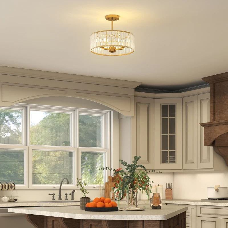 HOMCOM Plafondlamp, Kronleuchter-Design, Kristallen kap, 3 lampen, Metaal, Goudkleurig(m-6)