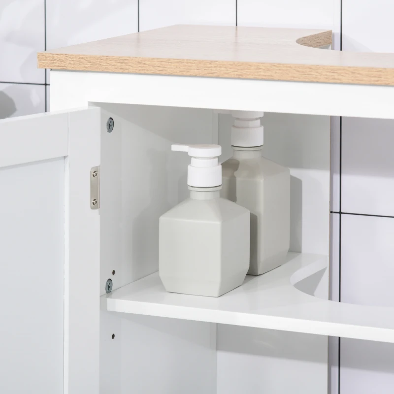 kleankin Waschbeckenunterschrank Badezimmerschrank Unterschrank Schrank mit verstellbarem Regal Weiß+Natur 60 x 30 x 60 cm