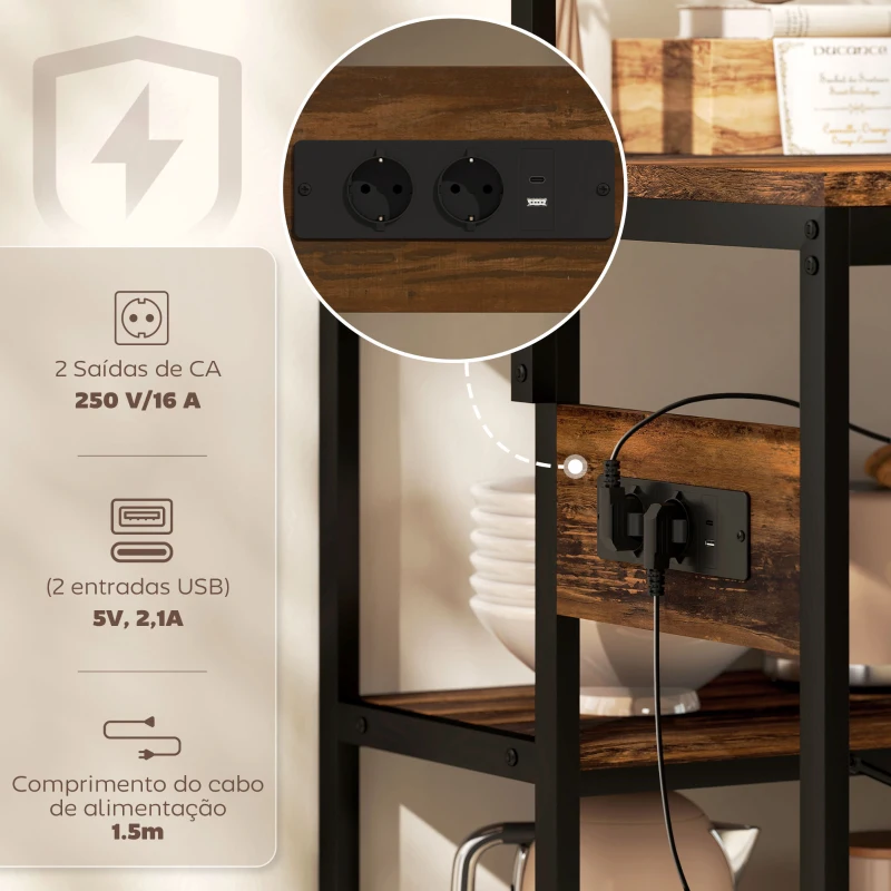 HOMCOM Estante de Cozinha com Tomada de Corrente Estilo Industrial com Prateleiras Ganchos Móvel Auxiliar 116x70x182 cm Marrom Rústico