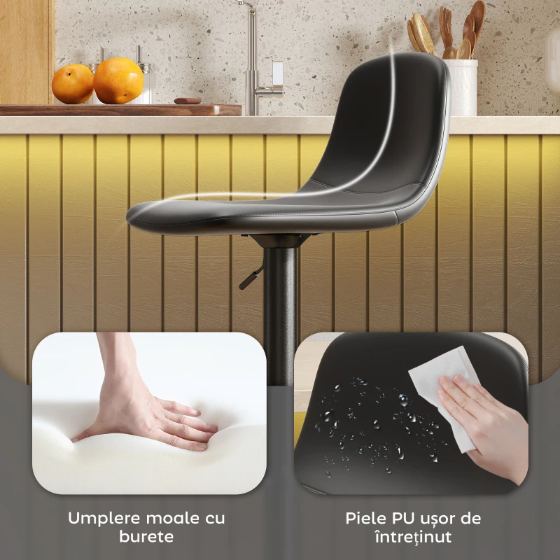 HOMCOM Set 2 Scaune de Bar cu Spătar și Înălțime Reglabilă din Piele PU Neagră