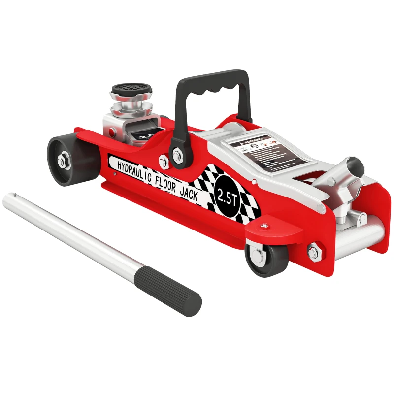 HOMCOM Hydraulic Low Profile Floor Jack, 2.5 Tonne Heavy Duty Steel Trolley Car Jack Lift with 80-360 mm Lifting Range, Wheels, Top Handle, Red