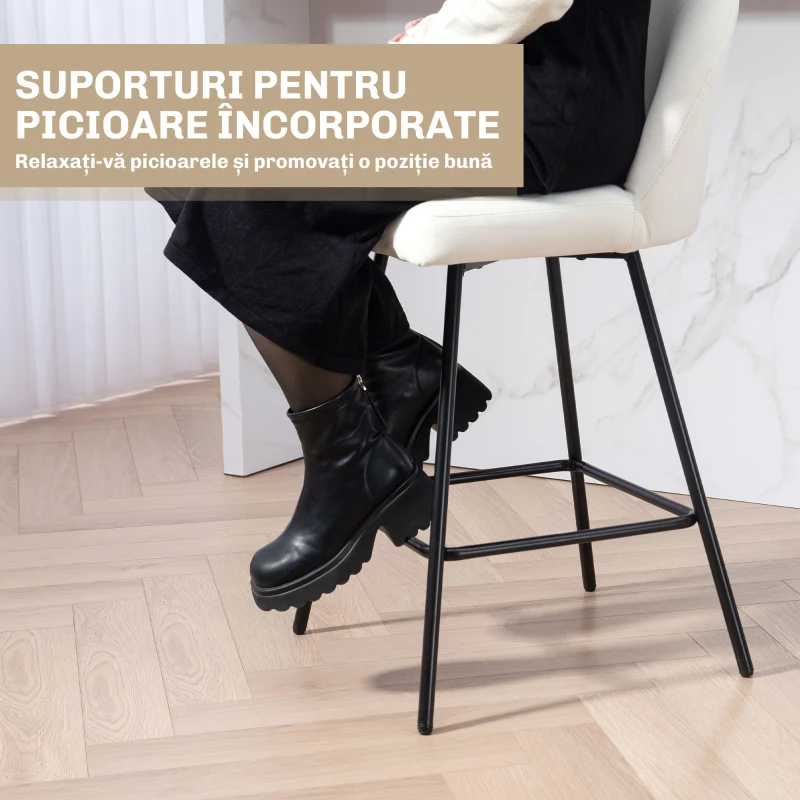 HOMCOM Set 2 Scaune de Bar cu Spatar din Catifea si Suport pentru Picioare, 48.5x56x92 cm, Alb Crem