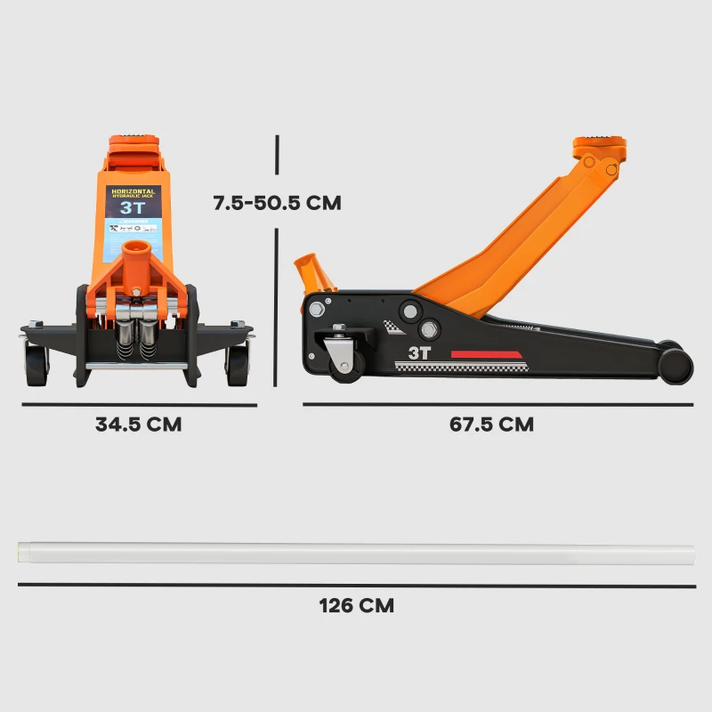 HOMCOM 3 Ton Hydraulic Low-Profile Floor Jack, with 7.5-50.5cm Lifting Range, Wheels, Orange