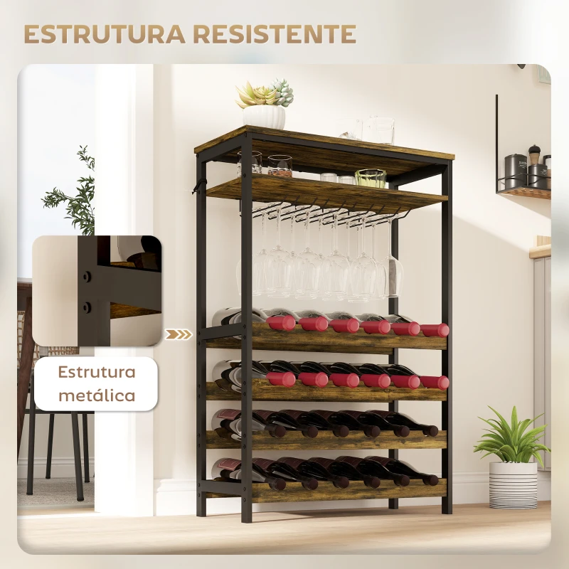 HOMCOM Suporte para Vinho para 24 Garrafas Estilo Industrial com Suporte para Copos e Prateleira Aberta 66x30x100,3 cm Castanho Rústico