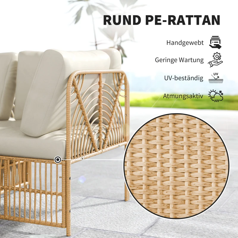 Outsunny 5-teiliges Gartenmöbelset, 2 Eckstühle, 2 Mittelstühle, Fußhocker, Sitzkissen, Rückenkissen, Hellbraun+Cremeweiß