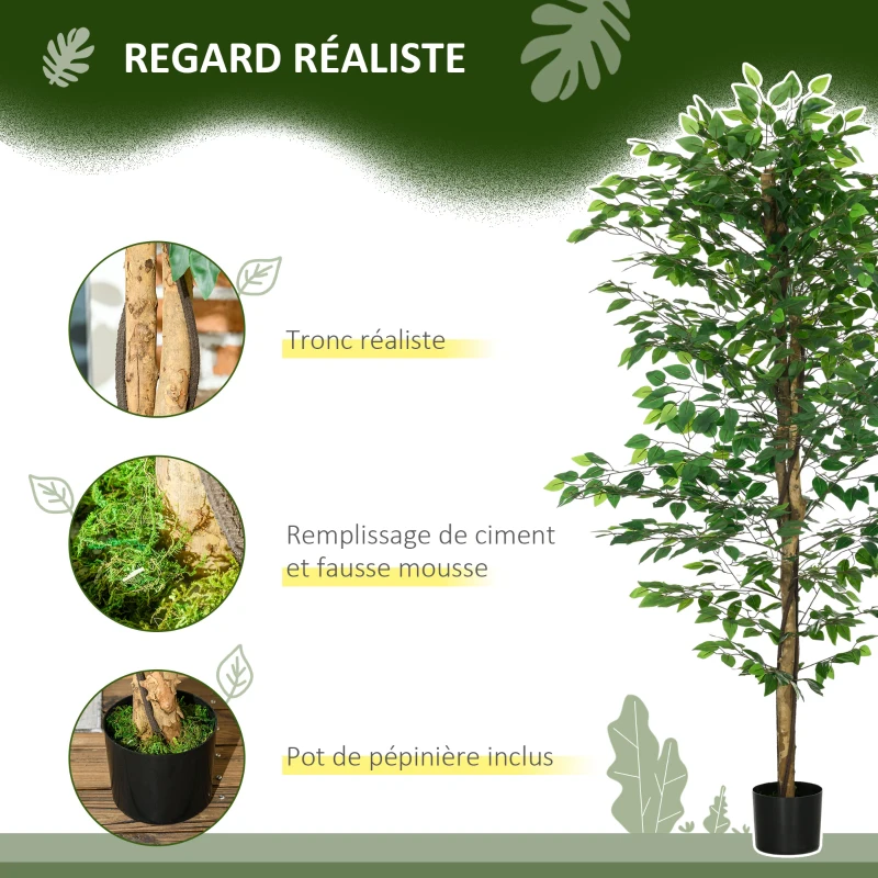 HOMCOM Lot de 2 plantes artificielles ficus hauteur 1,80 m tronc branches liane lichen feuilles grand réalisme pot inclus vert