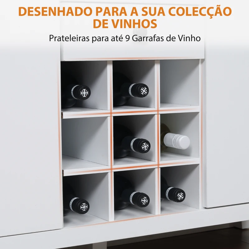 HOMCOM Aparador de Cozinha com 2 Gavetas 2 Armários com Prateleiras Ajustáveis e Suporte para 9 Garrafas 110x35x75 cm Branco e Madeira