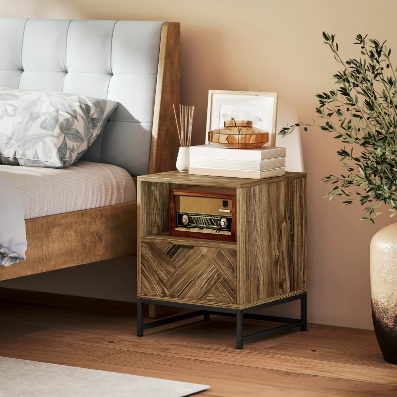 HOMCOM Bedside Table with Drawer and Shelf, Side End Table with Steel Legs for Living Room, Bedroom, Brown Wood Effect