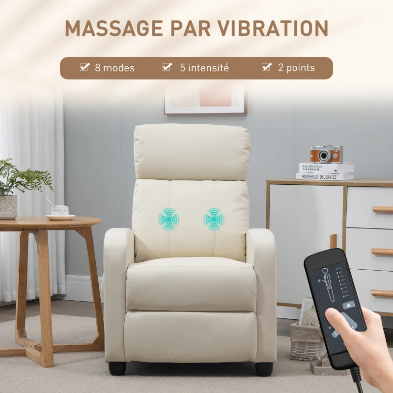 HOMCOM Fauteuil de Relaxation et Massage électrique avec Inclinaison Manuelle Dossier Repose-Pied réglable revêtement synthétique Crème