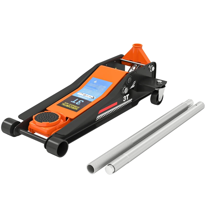 HOMCOM 3 Ton Hydraulic Low-Profile Floor Jack, with 7.5-50.5cm Lifting Range, Wheels, Orange
