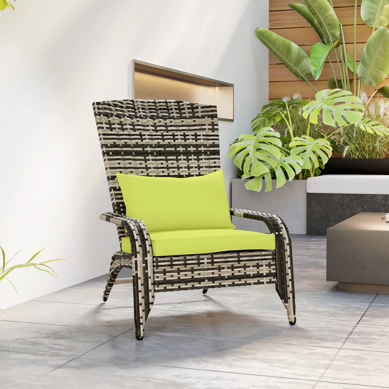 Outsunny Sedia da Giardino Adironrack con Braccioli e Cuscini, Sedia in Rattan e Acciaio per Interni ed Esterni, 64x80x90 cm, Verde