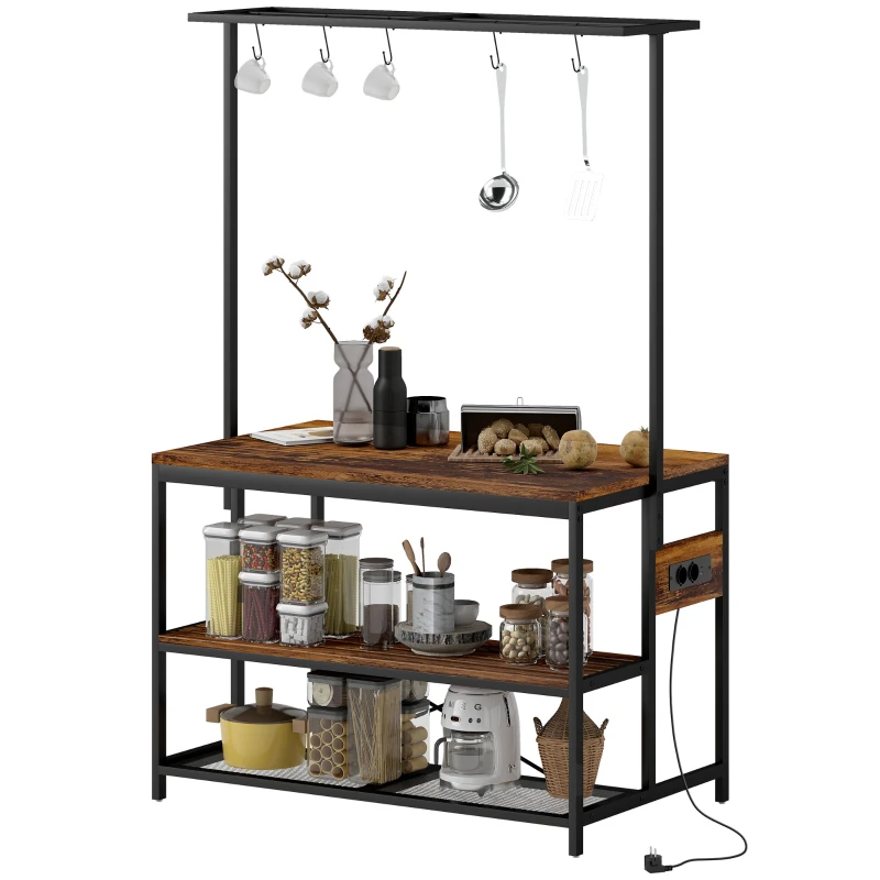 HOMCOM Estante de Cozinha com Tomada de Corrente Estilo Industrial com Prateleiras Ganchos Móvel Auxiliar 116x70x182 cm Marrom Rústico