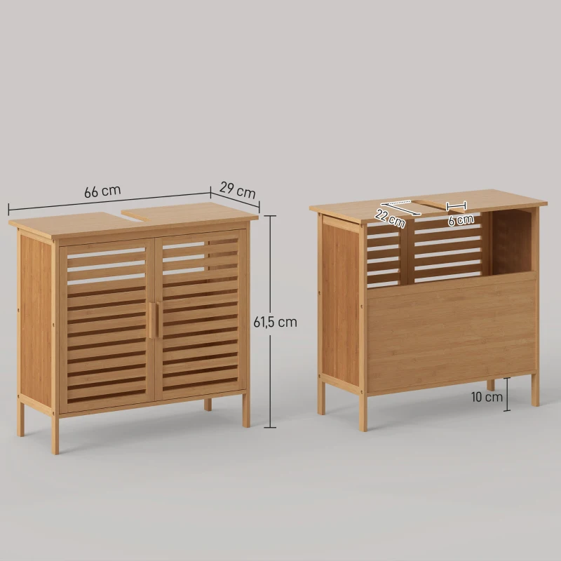 kleankin Meuble sous lavabo salle de bain en bambou meuble sous vasque 2 portes 66 x 29 x 61,5 cm