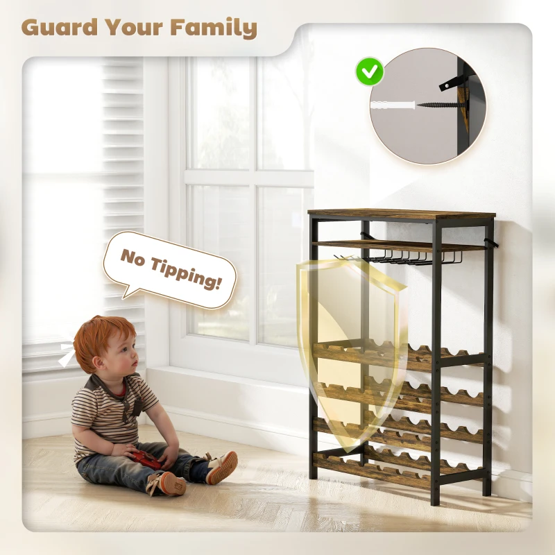 HOMCOM Suporte para Vinho para 24 Garrafas Estilo Industrial com Suporte para Copos e Prateleira Aberta 66x30x100,3 cm Castanho Rústico