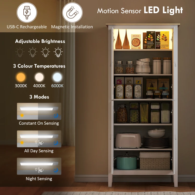 HOMCOM 176.5 cm Tall Pantry Cupboard with Motion Sensor LED Light - White