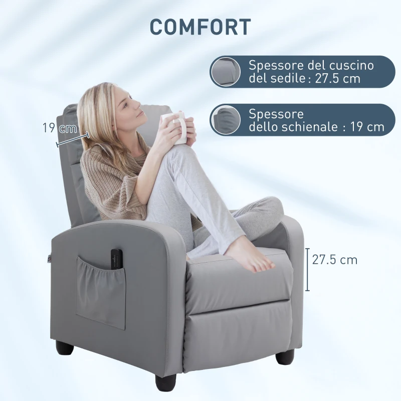 HOMCOM Poltrona Relax Massaggiante con Telecomando e 8 Programmi, Reclinazione e Poggiapiedi, Grigio Chiaro