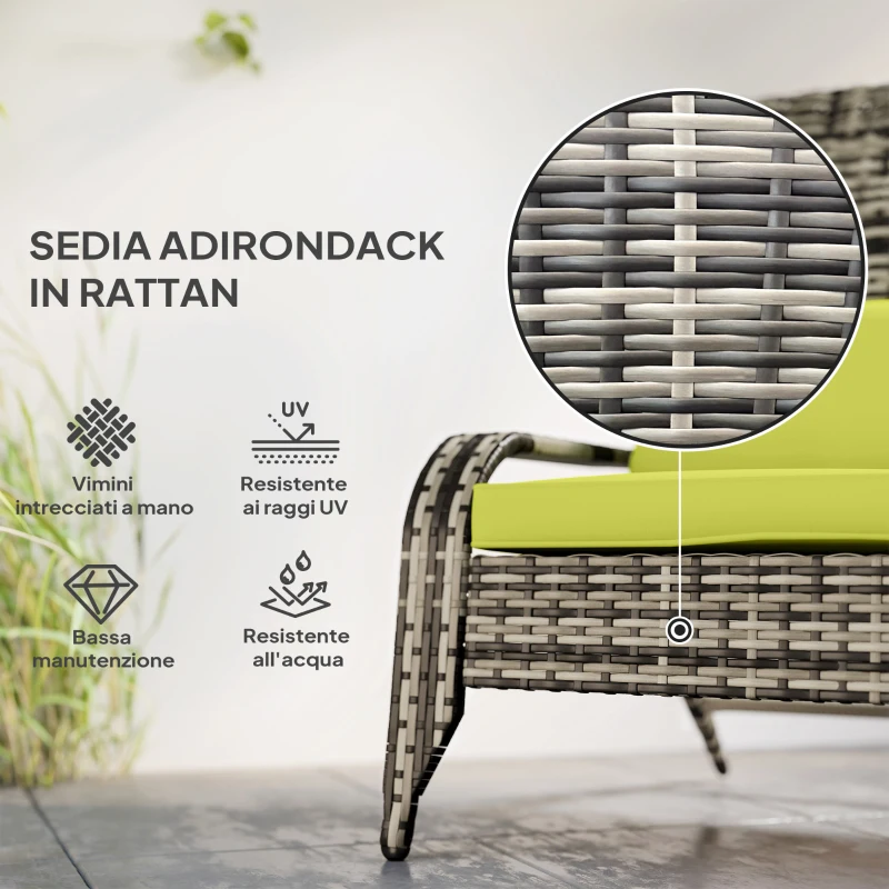 Outsunny Sedia da Giardino Adironrack con Braccioli e Cuscini, Sedia in Rattan e Acciaio per Interni ed Esterni, 64x80x90 cm, Verde