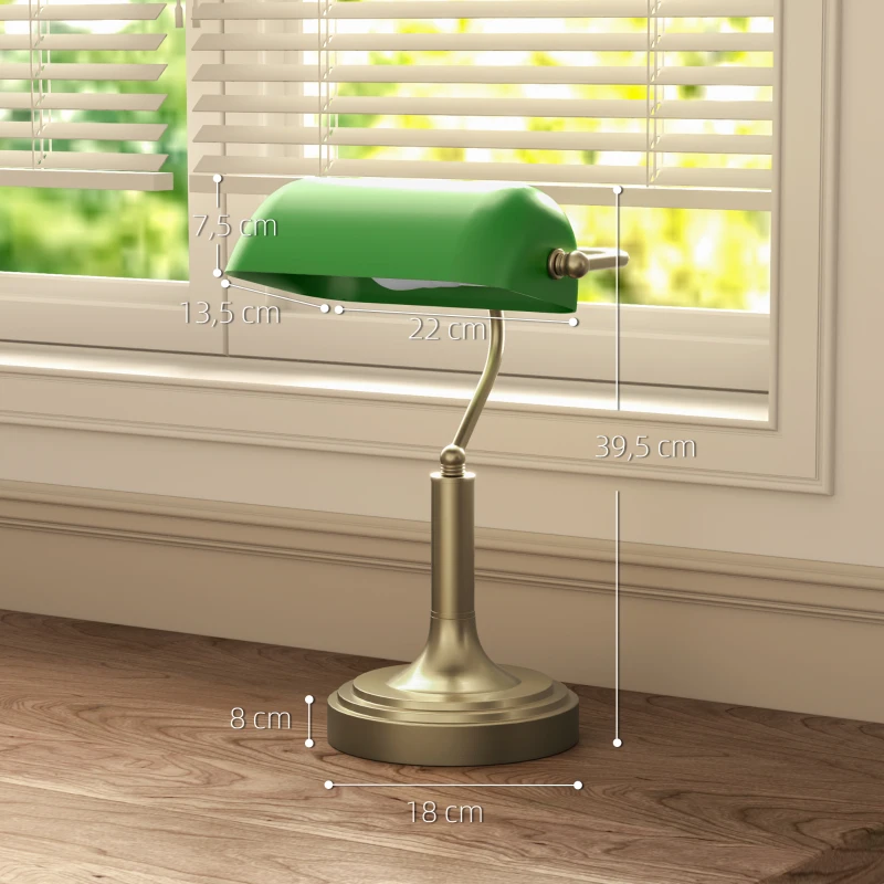 HOMCOM Candeeiro de Mesa Banqueiro Candeeiro de Mesa Vintage E27 com Ecrã Orientável a 45° 26,8x22x39,5 cm Verde