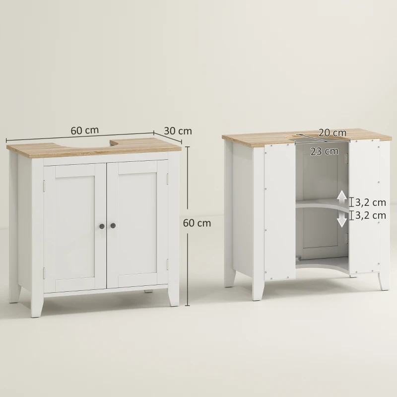kleankin Waschbeckenunterschrank Badezimmerschrank Unterschrank Schrank mit verstellbarem Regal Weiß+Natur 60 x 30 x 60 cm