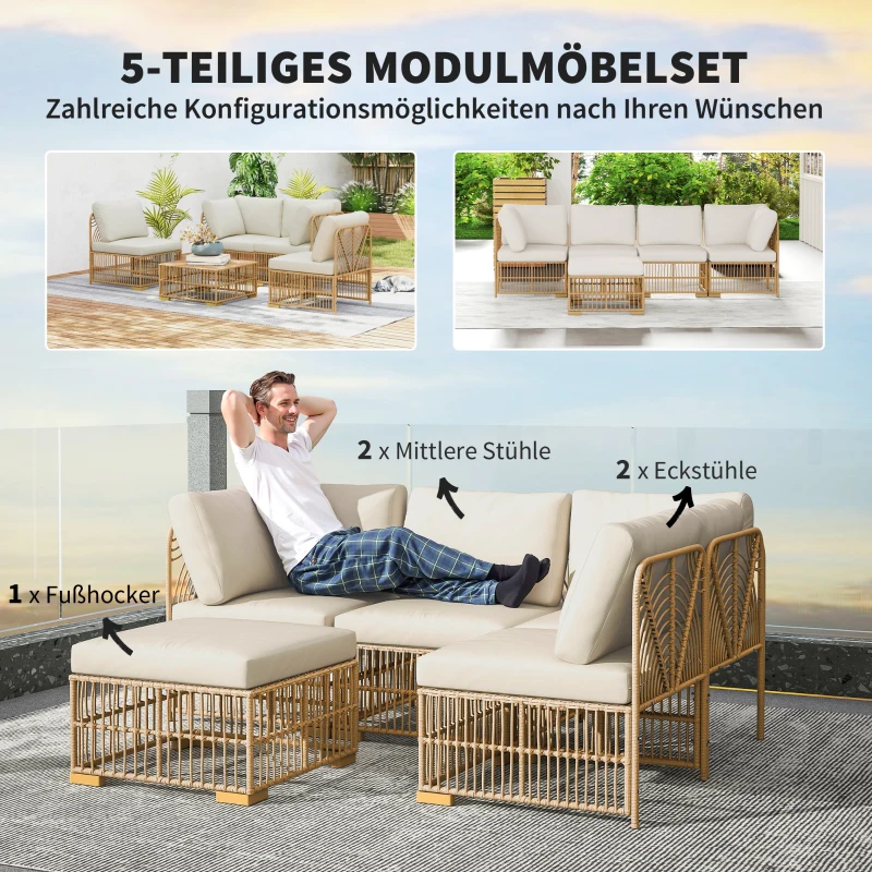 Outsunny 5-teiliges Gartenmöbelset, 2 Eckstühle, 2 Mittelstühle, Fußhocker, Sitzkissen, Rückenkissen, Hellbraun+Cremeweiß