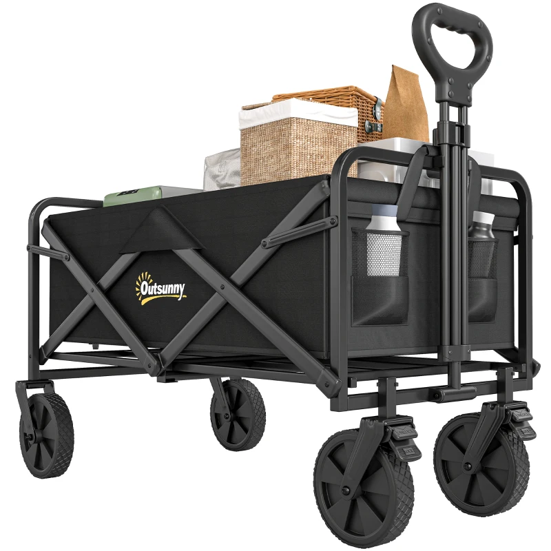 Outsunny Folding Steel Frame Garden Storage Cart, with Wheels and Handle - Black